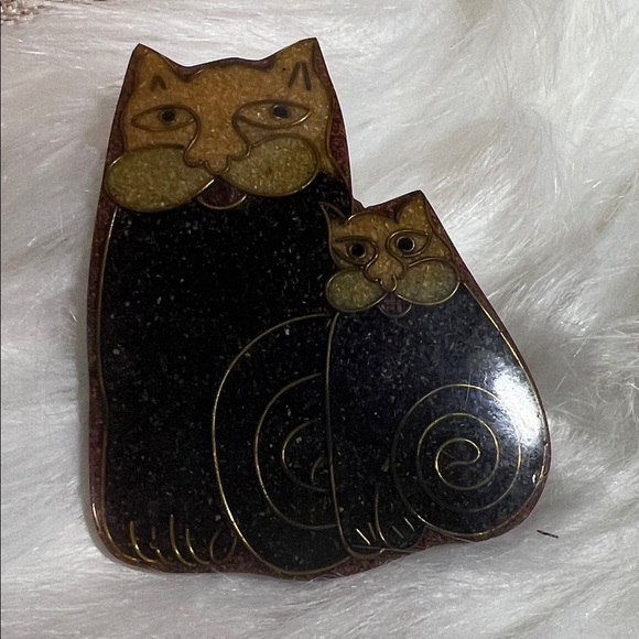 Charming Vintage Double Cat Brooch - Black and Gold - Picture 3 of 4